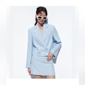 Zara Sky Blue Linen Blazer and Skort Set